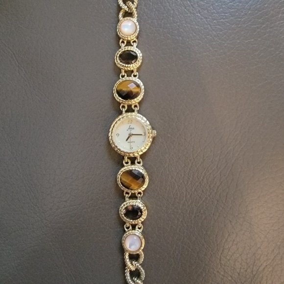 Aria Goldtone bracelet watch with tiger eye, smoky quartz and milky quartz gems - Picture 2 of 8